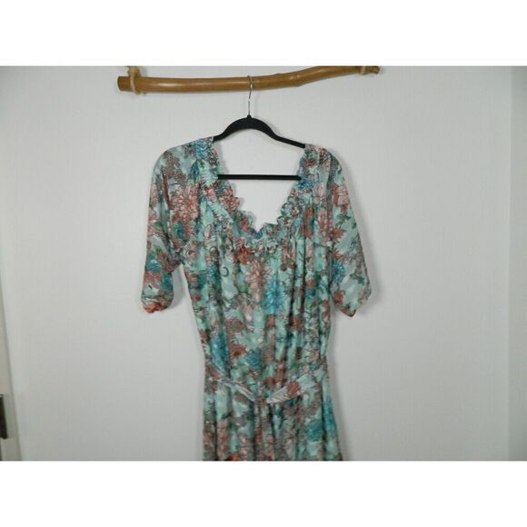 Unique Vintage Sample Dress Plus Size 3XL Green Floral Off The Shoulder Maxi - Picture 8 of 14